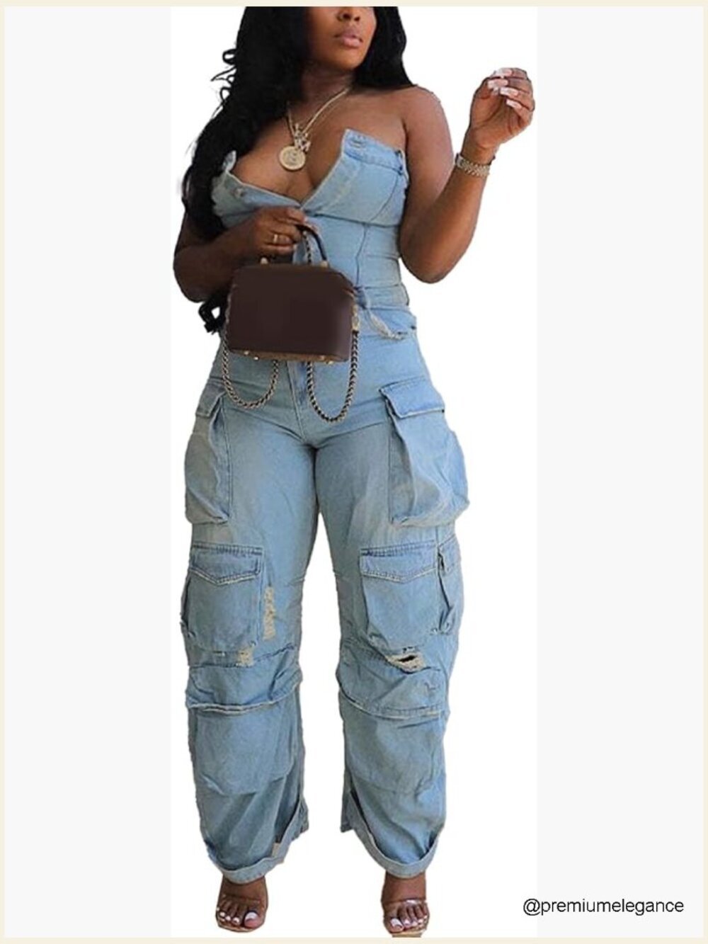 Strapless Wide Leg Cargo Denim Jumpsuit Romper Multi Pockets Loose Baggy